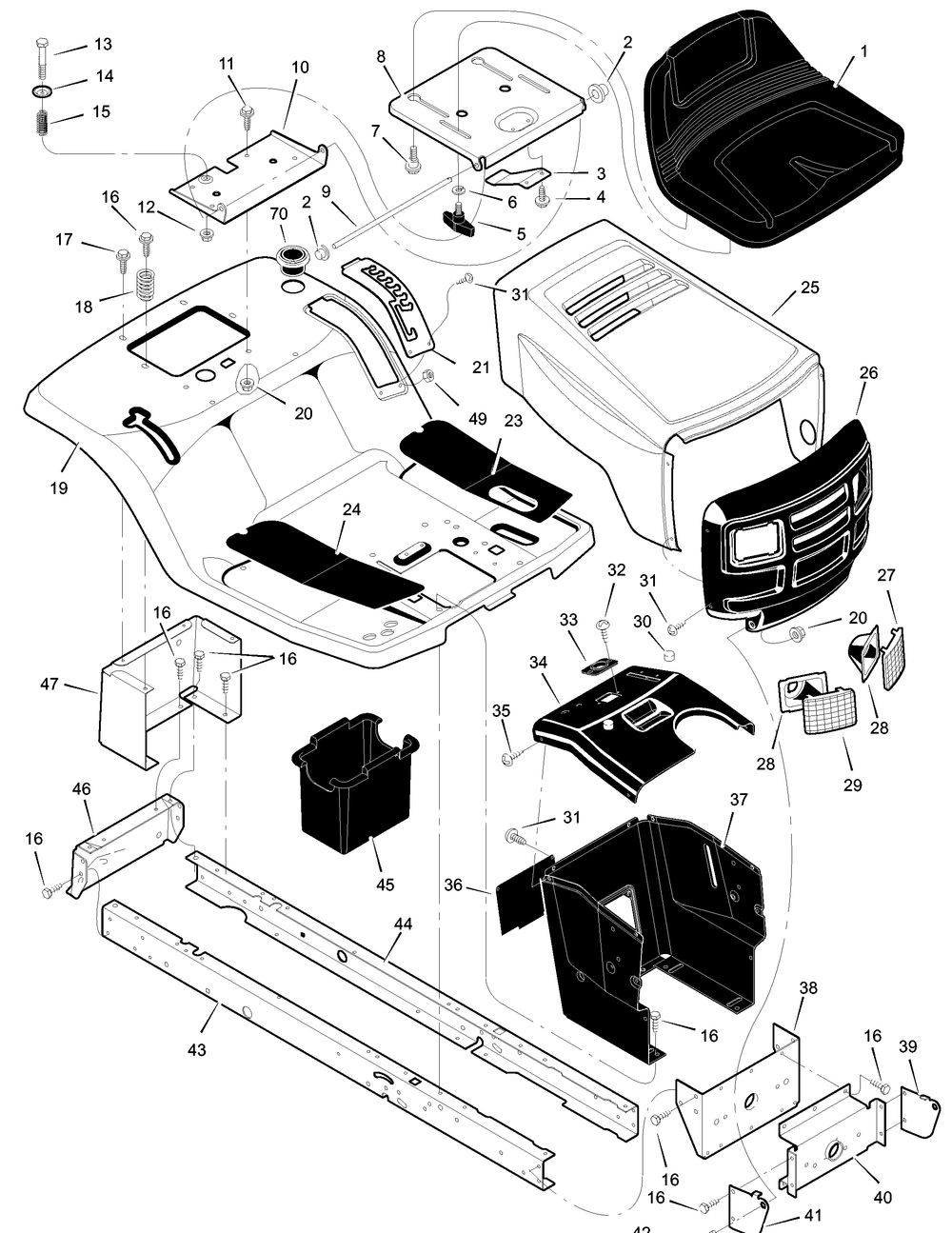 Chassis And Hood Diagram and Parts List for 385012X68B 2003 Briggs and Stratton Lawn Tractor